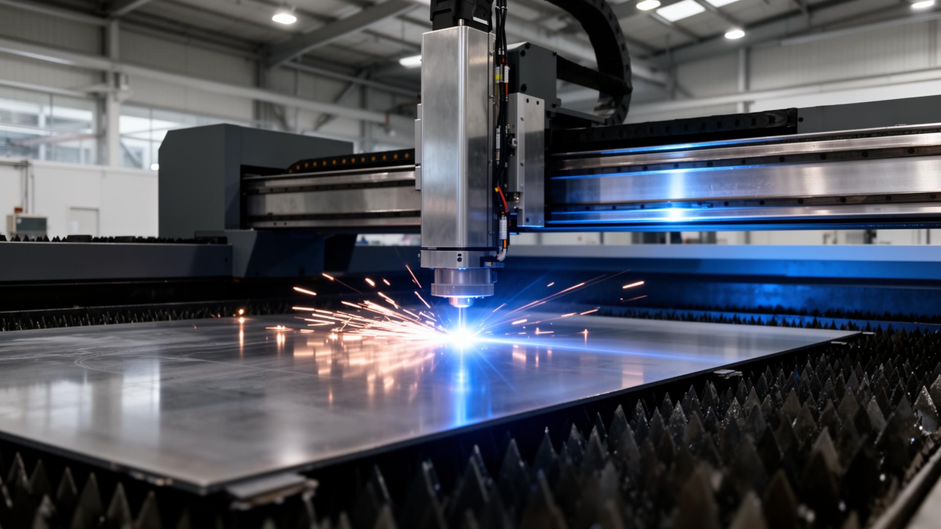 Industrial laser cutting operation inside a production facility